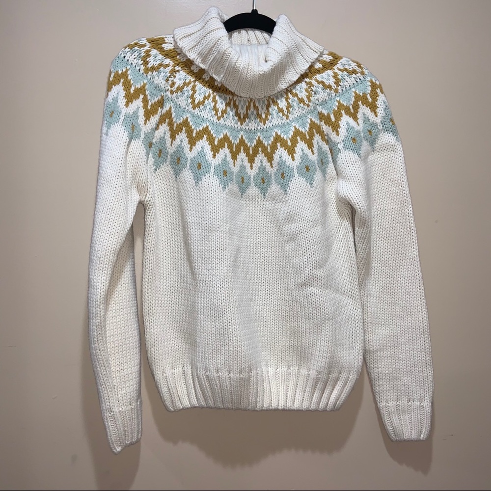 Rachel Zoe Ivory Turtleneck Sweater with Mustard & Light Blue Fair Isle Yoke